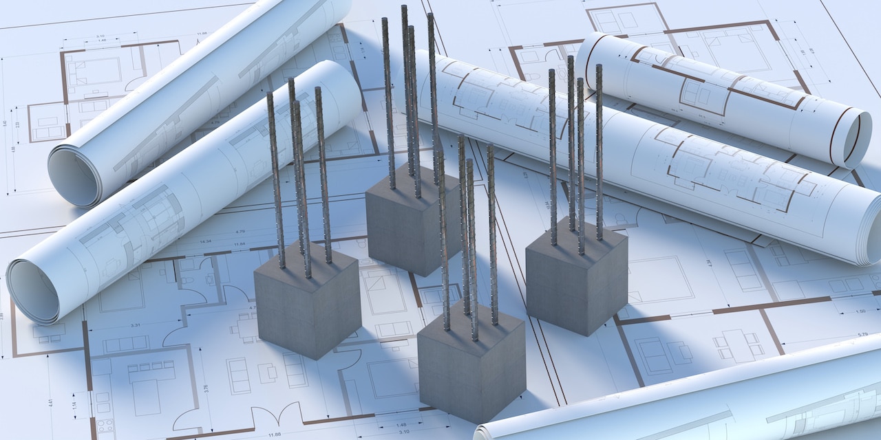 Reinforced concrete columns, steel bars reinforcement, Foundation slab and footings on blueprint plans, under construction, unfinished building project, and structural design concept. 3d illustration